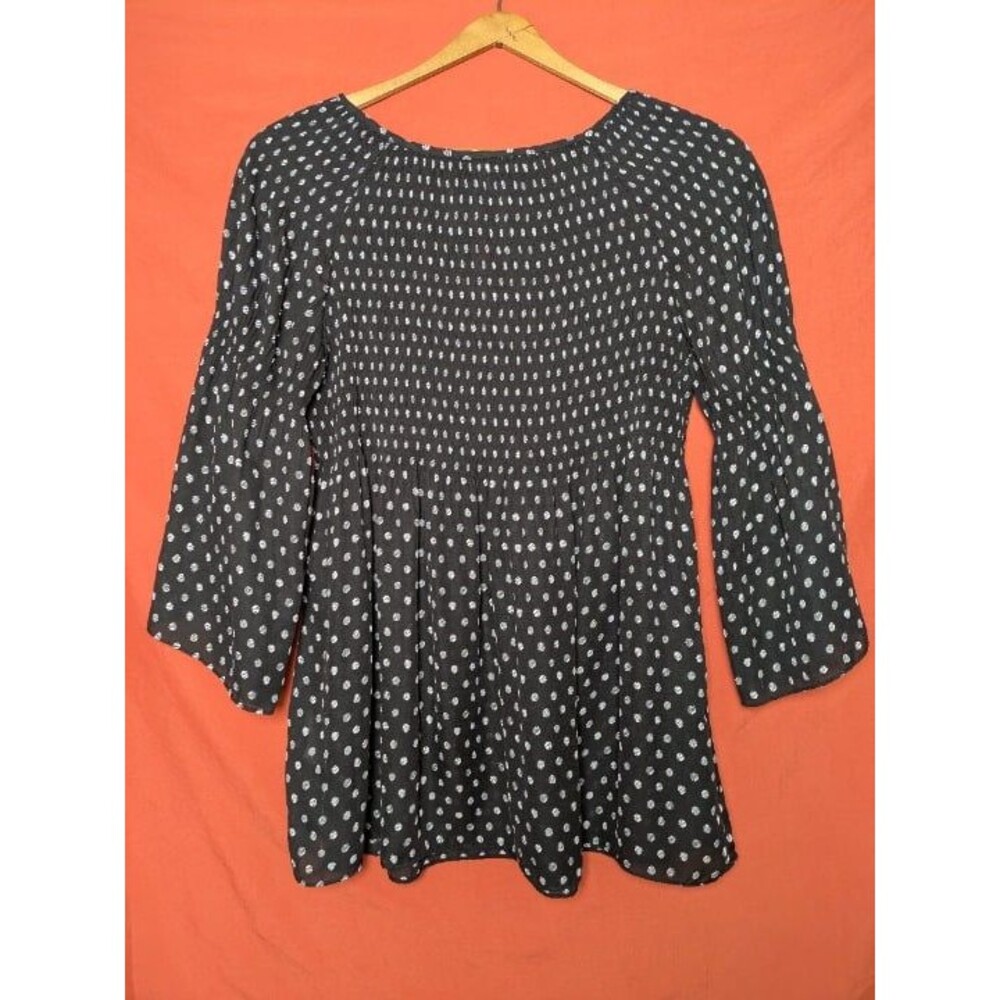 Black White Dot Smocked Babydoll Top Bell Sleeves Petite Medium Whimsigoth - Picture 8 of 9